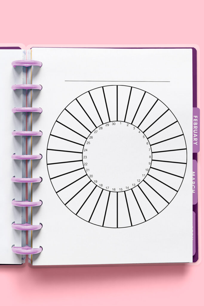This image shows one of the free circle habit trackers available to download at the end of this post. This particular image shows one of the circular habit trackers that does not have a key. The files are available with and without a key at the bottom and for 28, 29, 30, and 31 days.