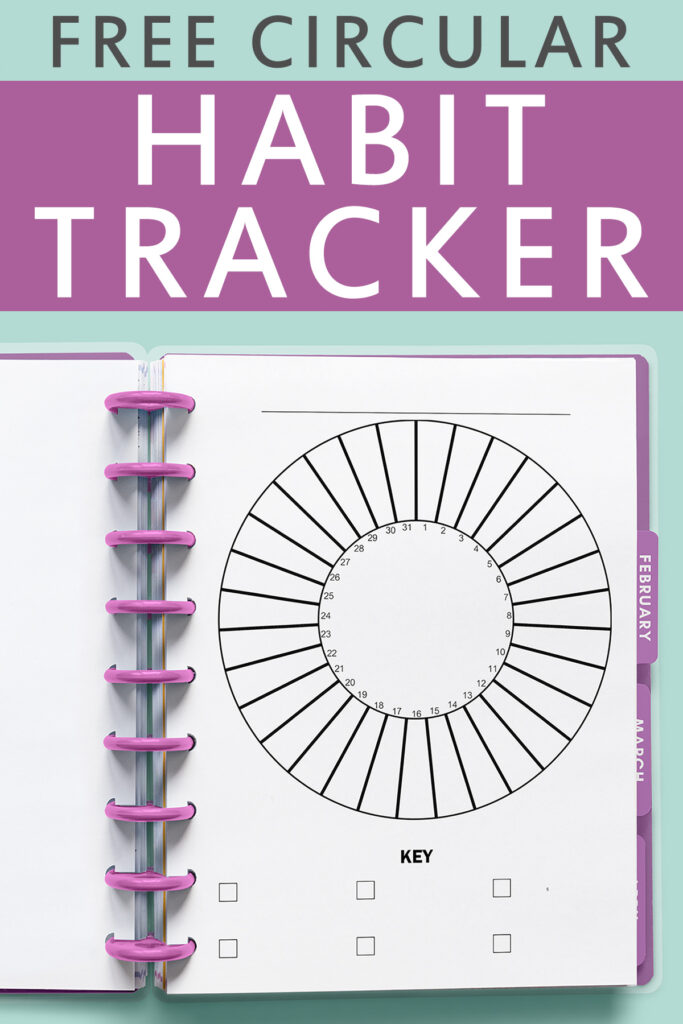 This image shows one of the free circle habit trackers available to download at the end of this post. This particular image shows one of the circular habit trackers that has a key. The files are available with and without a key at the bottom and for 28, 29, 30, and 31 days.