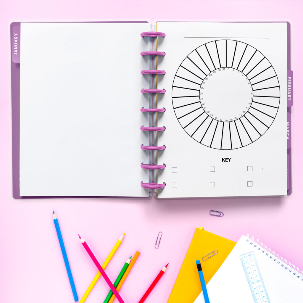 This image shows one of the free circle habit trackers available to download at the end of this post. This particular image shows one of the circular habit trackers that has a key. The files are available with and without a key at the bottom and for 28, 29, 30, and 31 days.