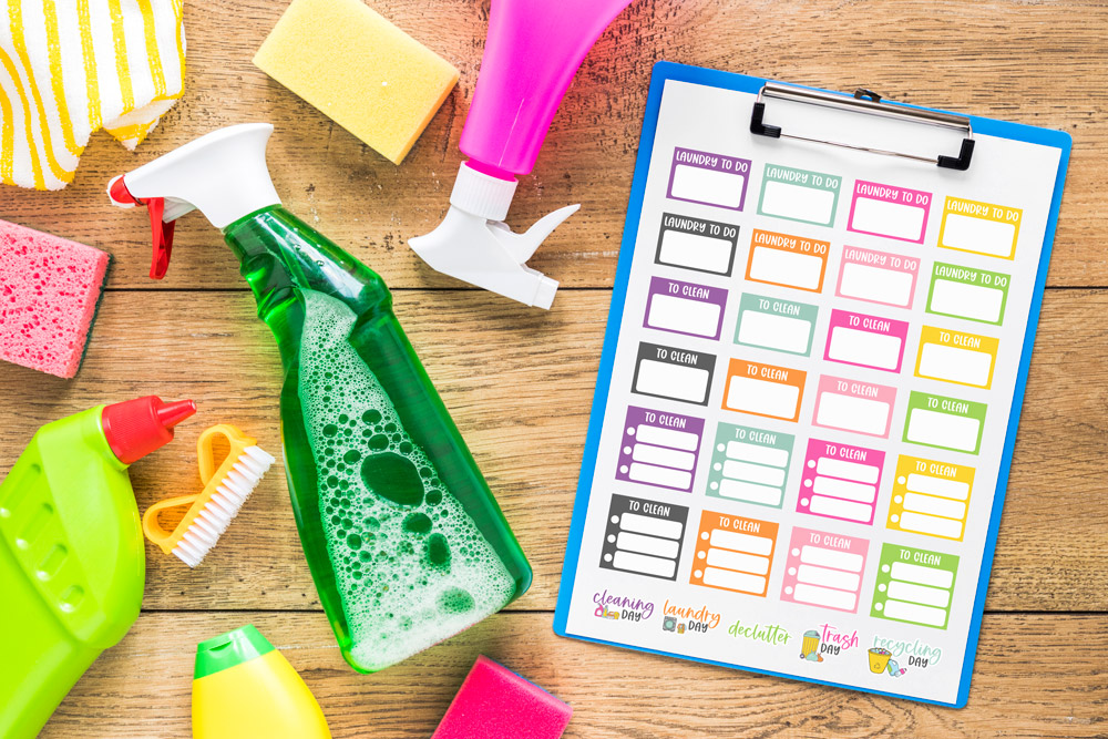 This is the image shows the free cleaning planner stickers that are available to download at the end of the post. You can download two pages of free cleaning stickers for planners and this image shows you one of the two available pages to download.