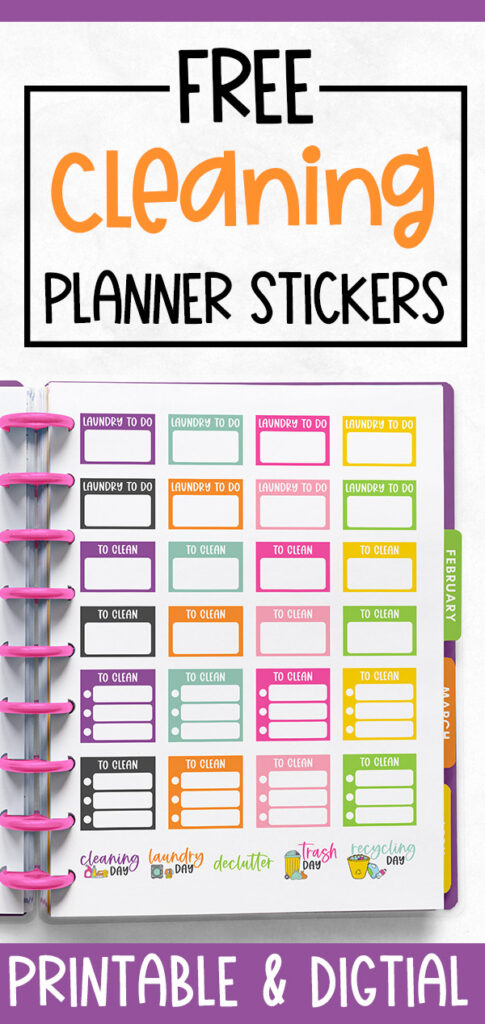 This is the image shows the free cleaning planner stickers that are available to download at the end of the post. You can download two pages of free cleaning stickers for planners and this image shows you one of the two available pages to download.