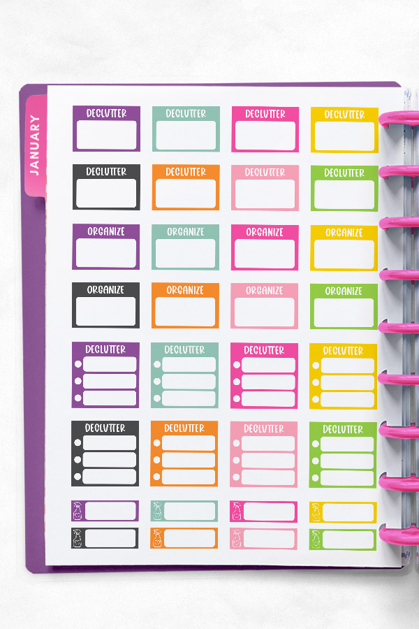 This is the image shows the free cleaning planner stickers that are available to download at the end of the post. You can download two pages of free cleaning stickers for planners and this image shows you one of the two available pages to download.