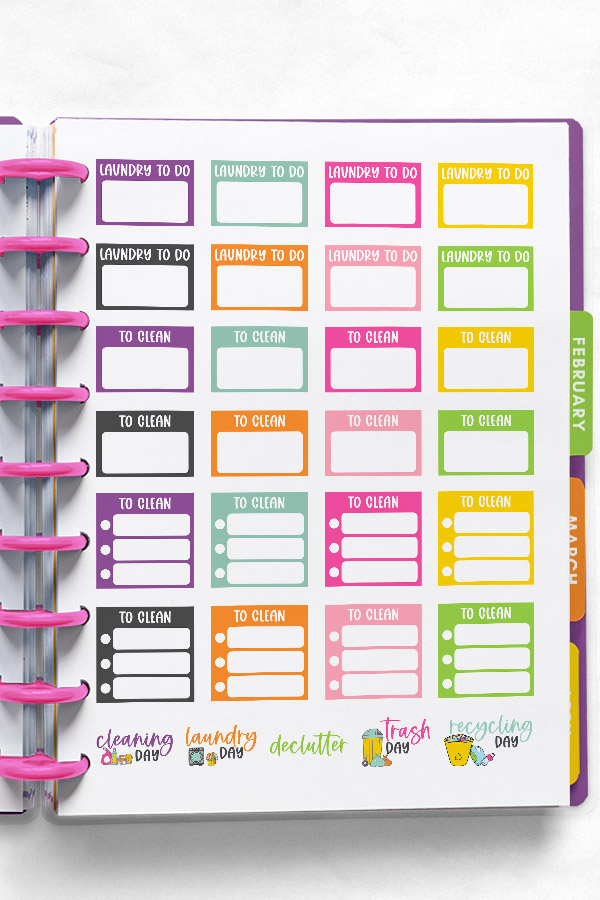 This is the image shows the free cleaning planner stickers that are available to download at the end of the post. You can download two pages of free cleaning stickers for planners and this image shows you one of the two available pages to download.