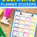 This is the image shows the free cleaning planner stickers that are available to download at the end of the post. You can download two pages of free cleaning stickers for planners and this image shows you one of the two available pages to download.