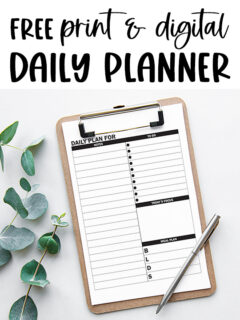 This image shows the free daily planner printable that you can download at the end of this blog post. There are two free daily planner options. This photo shows one of the two, it shows the one with a notes section.