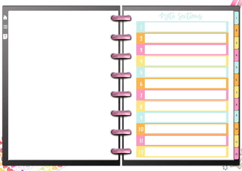 This image shows what the index looks like in the free digital notebook.