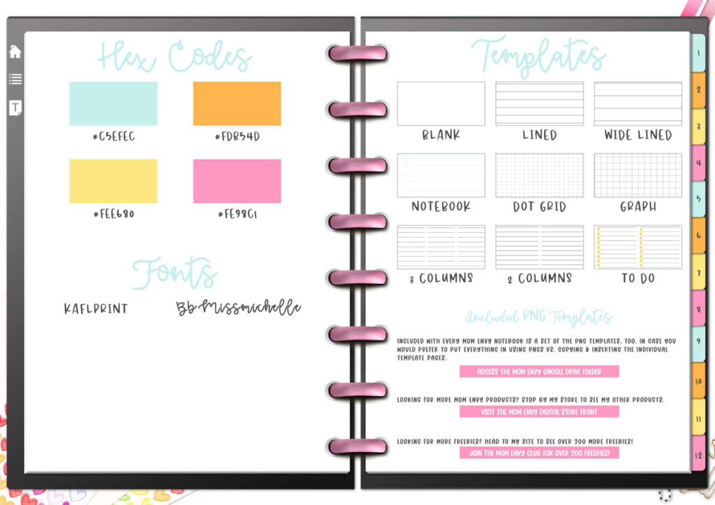 This image shows what the main template page looks like in the free digital notebook.