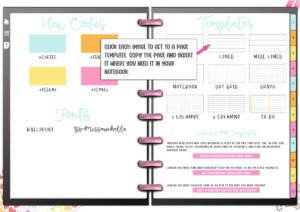 This image shows where you can click in the digital notebook to get to the page templates to copy and paste within the free digital notebook.