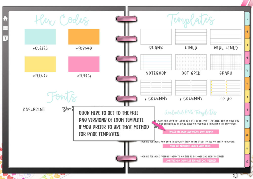 This image shows where you can click within the digital notebook to get to the Google Drive with the free page templates.