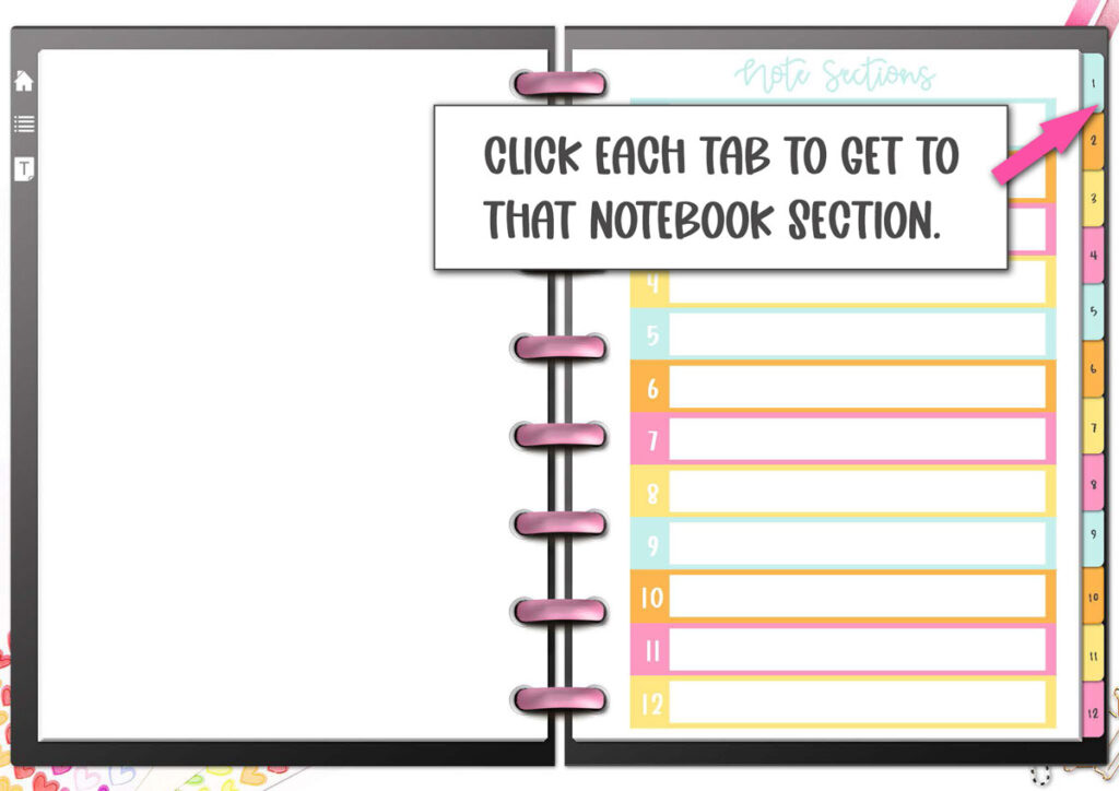 This image shows where you can click in the free digital notebook to get to the tabbed notebook sections.