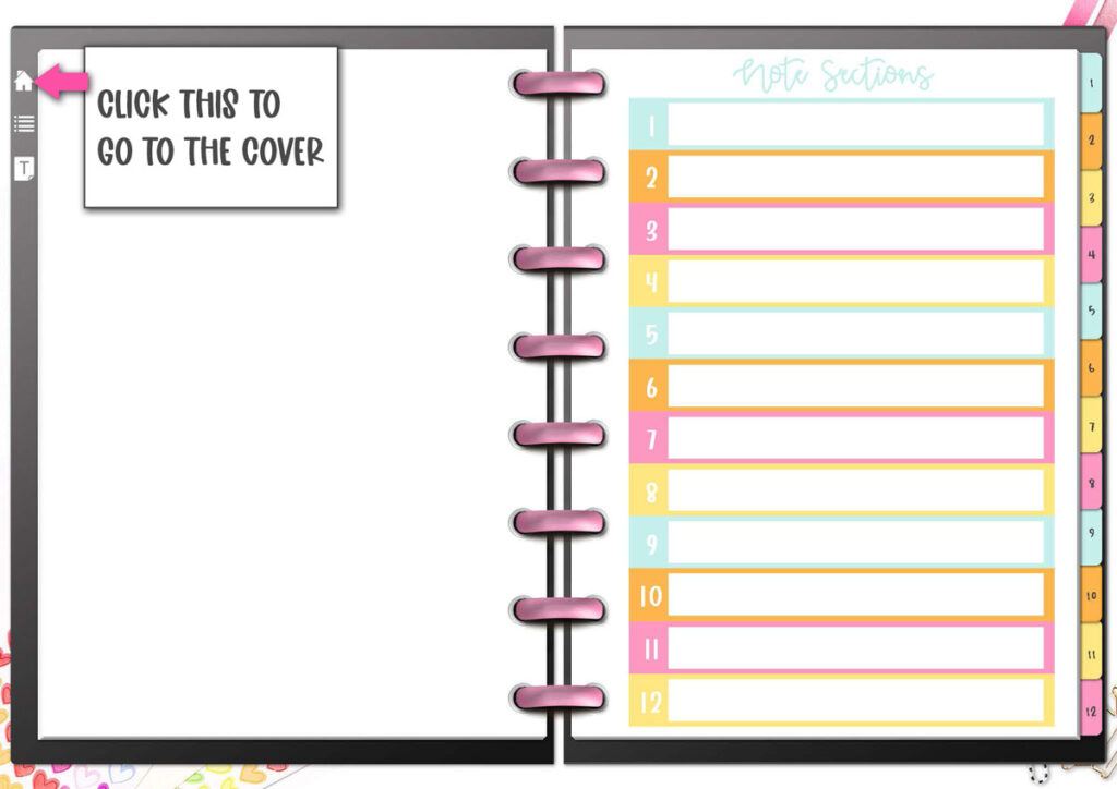 This image shows where you can click in the free digital notebook to get to the Cover page.