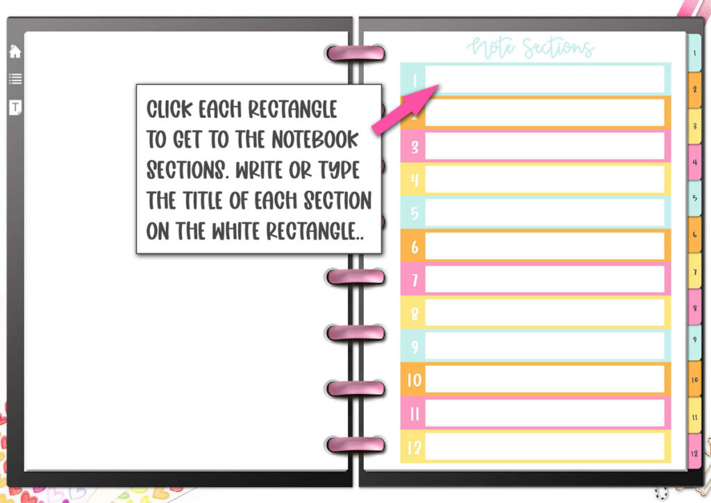 This image shows where you can click in the free digital notebook to get to each individual planner section.