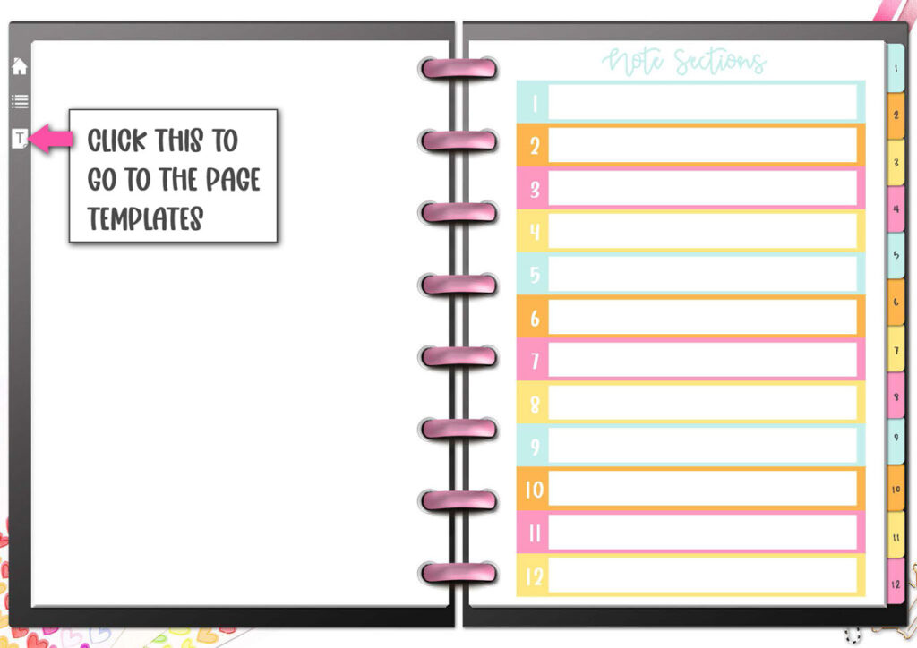 This image shows where you can click in the free digital notebook to get to the digital planner page templates.