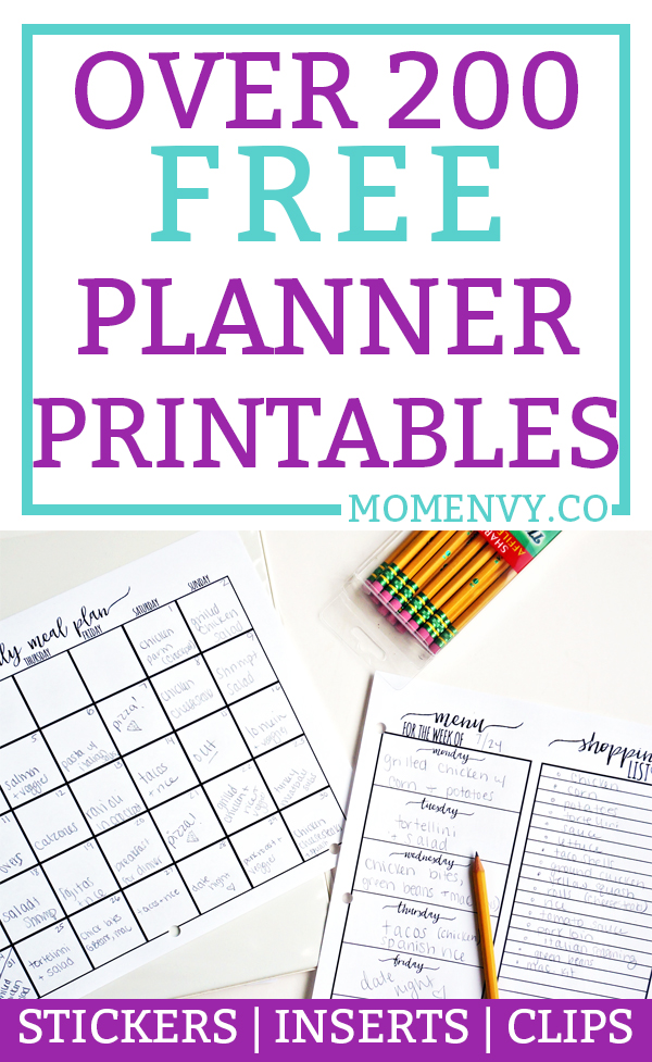 This image links to a blog post round up of the over 200 free planner printables available to download on Mom Envy.