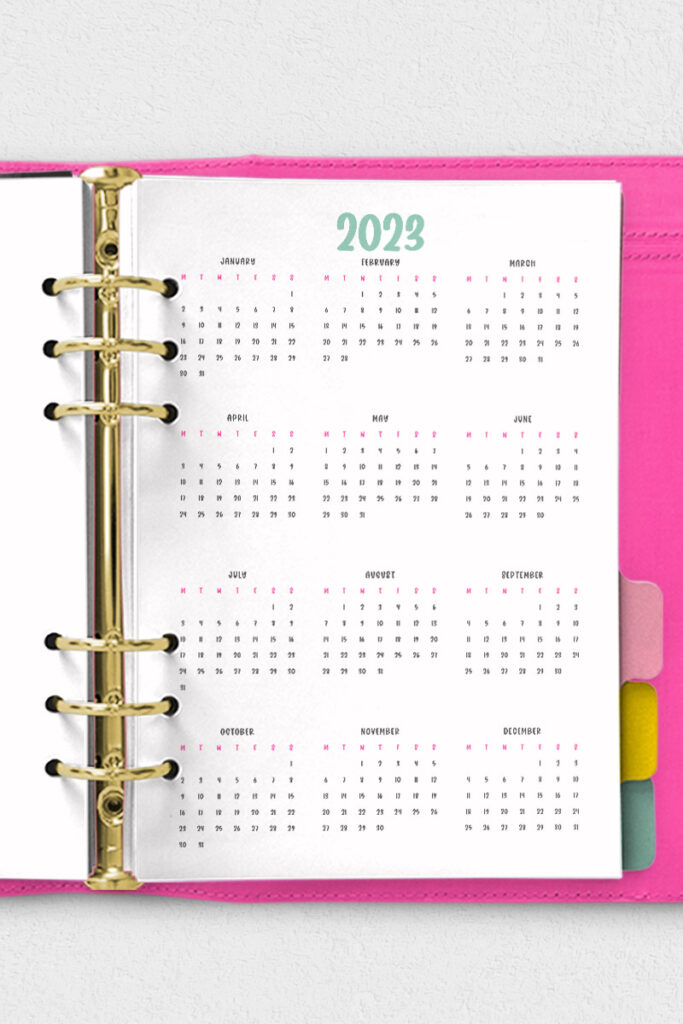 This image shows one of the 3 free 2022 calendars at a glance available to download at the end of this blog post. This shows the Mom Envy colors (pink and mint) design.