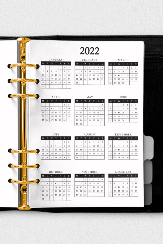 This image shows one of the 3 free 2022 calendars at a glance available to download at the end of this blog post. This shows the simple calendar with black headings for the days of the week.