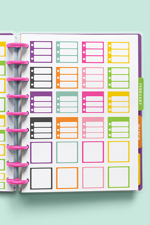 This is the image shows the free functional planner box and shape stickers that are available to download at the end of the post. You can download four pages of free functional planner stickers at the end of this post. This image shows you one of the four available pages to download.