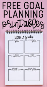 At the top it says free goal planning printables. Below is an image that shows one of the pages from the goal setting worksheets printables for 2023.