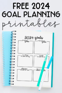 At the top it says free 2024 goal planning printables. Below is an image that shows one of the pages from the goal setting worksheets printables for 2024.