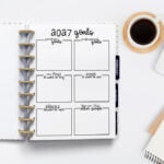 2027 goals worksheet in a discbound planner on a clean workspace with a laptop, notebook, pencil, and cup of coffee, featuring boxes for personal goals, professional goals, new things to try, people to see, places to visit, and helping others.