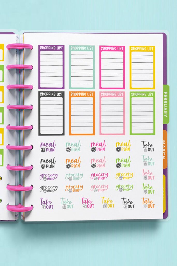 This image shows 1 of the Meal Planning Stickers sheets available to download for free at the end of this blog post. This image represents the printable version of the free meal planning stickers available but digital stickers are available as well.