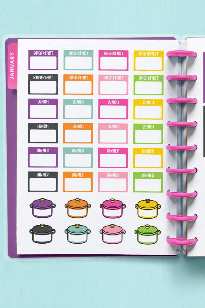 This image shows 1 of the Meal Planning Stickers sheets available to download for free at the end of this blog post. This image represents the printable version of the free meal planning stickers available but digital stickers are available as well.