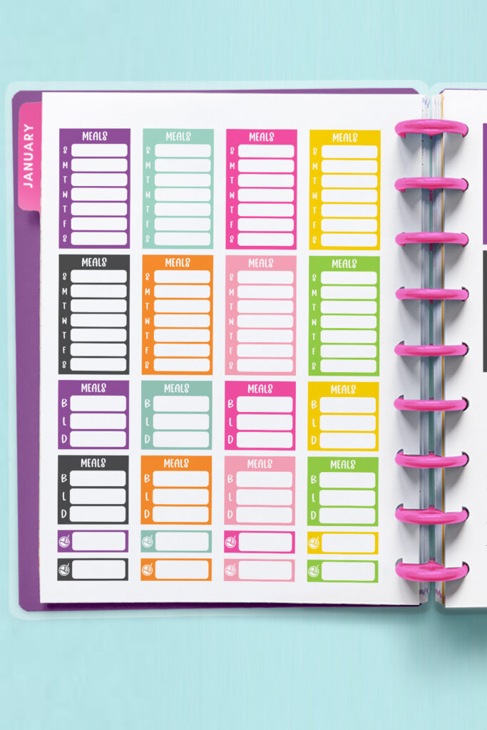 This image shows 1 of the Meal Planning Stickers sheets available to download for free at the end of this blog post. This image represents the printable version of the free meal planning stickers available but digital stickers are available as well.