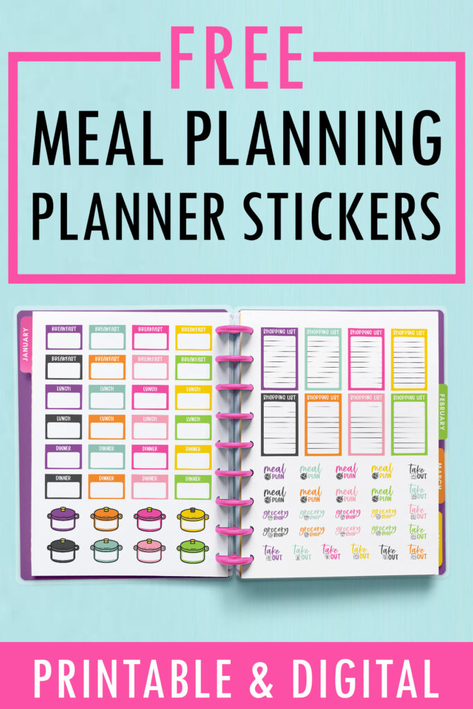 This image shows 2 of the Meal Planning Stickers sheets available to download for free at the end of this blog post. This image represents the printable version of the free meal planning stickers available but digital stickers are available as well.