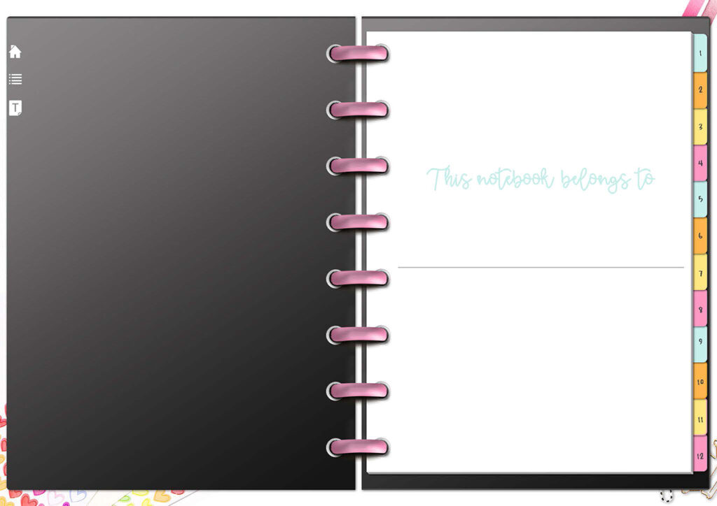 This image shows what the opening page looks like in the free digital notebook. It has a spot to put who the notebook belongs to.