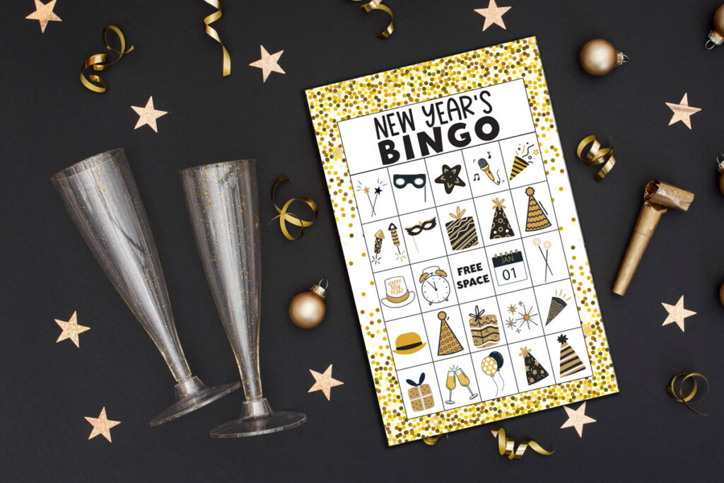 This image shows one of 40 free New Years Bingo cards you can download at the end of this post. This image represents just one of the cards you can get for free - there are 40 unique designs available.