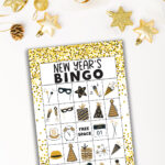 This image shows one of 40 free New Years Bingo cards you can download at the end of this post. This image represents just one of the cards you can get for free - there are 40 unique designs available.