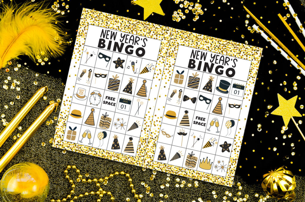 This image shows two of 40 free New Years Bingo cards you can download at the end of this post. It is showing how there are 2 New Years Bingo cards per page. This image represents just one of the 20 printable pages.