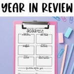 At the top it says free 2022 year in review. Below that, the image shows one of the year in review printables for 2022 that you can get for free in this blog post.