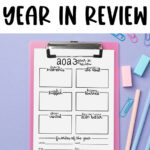 At the top it says free 2023 year in review. Below that, the image shows one of the year in review printables for 2023 that you can get for free in this blog post.