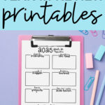 Graphic with the heading &ldquo;Free 2025 Year in Review Printables&rdquo; above a 2025 year-in-review worksheet displayed on a pink clipboard with pastel pens, paper clips, and erasers on a lavender background.