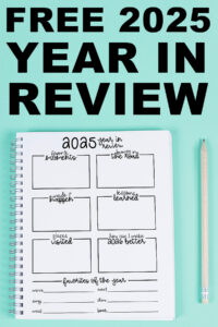 Graphic showing a spiral year-in-review worksheet with bold text reading &ldquo;Free 2025 Year in Review&rdquo; above it, displayed on a mint green background with a pencil on the right.