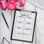 2025 year-in-review worksheet on a black clipboard styled on a white wooden desk with pink roses, a keyboard, a pen, geometric decor, and a small succulent.