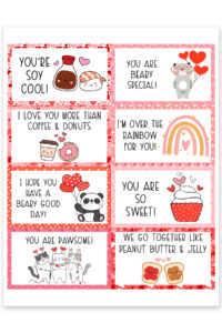 This image shows the Valentine Lunch Box Notes available to download at the end of this post. This image is showing one of the two Valentine Lunch Box Notes sheets.