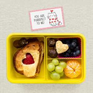 This image shows the Valentine Lunch Box Notes available to download at the end of this post. This image is showing one of the 16 free Valentine Lunch Box Notes you can download along with an image of a valentine's day lunch bento box below that. The lunch note says you are purrrrfect to me with the picture of a cat wrapped in hearts.