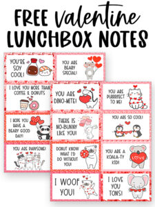 This image shows the Valentine Lunch Box Notes available to download at the end of this post. This image is showing the set of Valentine Lunch Box Notes sheets. It says free valentine lunchbox notes at the top of the image. Below that, are both free printable lunch note pages you can download at the end of this post. One is overlapping the other so you cannot see 3 of the 16 notes (but it does show 13 of the 16).