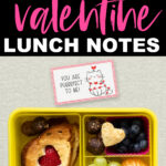 This image shows the Valentine Lunch Box Notes available to download at the end of this post. This image is showing one of the 16 free Valentine Lunch Box Notes you can download. It says 16 free valentine lunch notes at the top. Below that is an image of a valentine's day lunch bento box with one of the free 16 printable notes above it. The lunch note says you are purrrrfect to me with the picture of a cat wrapped in hearts.