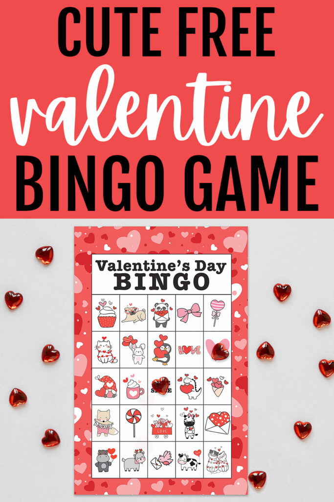 This image shows an example of the free valentine bingo card from the free valentine bingo game available to download at the end of this post. This image is showing one of the 40 free printable valentine bingo cards you can download. At the top, the text says cute free valentine bingo game. Below that is one of the bingo cards with little glass red hearts surrounding it. The valentine bingo card shown says Valentine’s Day bingo at the top. Below that, are cute little valentine symbols on a traditional bingo game board. There are 24 cute valentine pieces of clip art and one free space in the middle.