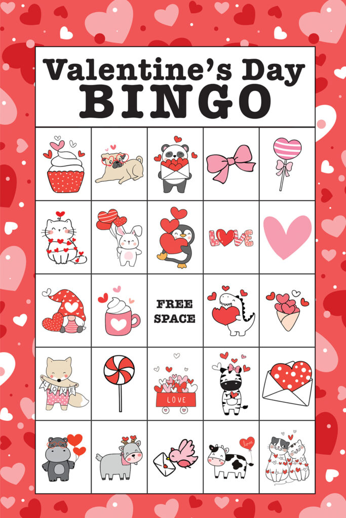 This image shows the free valentine bingo available to download at the end of this post. This image is showing one of the 40 free printable valentine bingo cards you can download. The valentine bingo card shown says Valentine’s Day bingo at the top. Below that, are cute little valentine symbols on a traditional bingo game board. There are 24 cute valentine pieces of clip art and one free space in the middle.