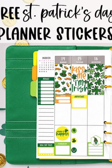 This image shows some of the available free Saint Patrick's Day stickers you can download at the end of this post. At the top, it says 101 Free St. Patrick's Day Planner Stickers. Below that, it shows a sample of an open green planner with some of the free stickers you can download. The planner is resting on some paper four leaf clovers and gold coins.