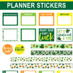 This image shows some of the available free Saint Patrick's Day stickers you can download at the end of this post. At the top, it says 101 Free St. Patrick's Day Planner Stickers. Below that, it shows a sample of some of the free stickers you can download.