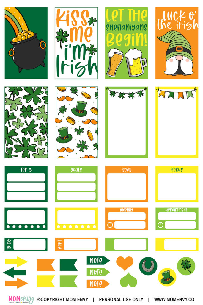 This image shows some of the available free Saint Patrick's Day stickers you can download at the end of this post. It shows a sample of some of the free stickers you can download.