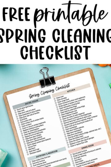This image is showing the spring cleaning checklist you can download for free at the end of this post. At the top, it says free printable spring cleaning checklist. Below that is a copy of one of the spring cleaning check list pages you can download for free at the end of this post. It is on a clipboard and surrounded by cleaning supplies.