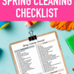 This image is showing the spring cleaning checklist you can download for free at the end of this post. At the top, it says free printable spring cleaning checklist. Below that is a copy of one of the spring cleaning check list pages you can download for free at the end of this post. It is on a clipboard and surrounded by cleaning supplies. At the bottom it says customizable option.
