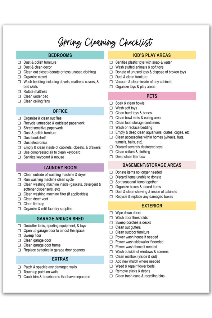 This image is showing the spring cleaning checklist you can download for free at the end of this post. It shows one of the two versions you can download - this one is the pastels color scheme.