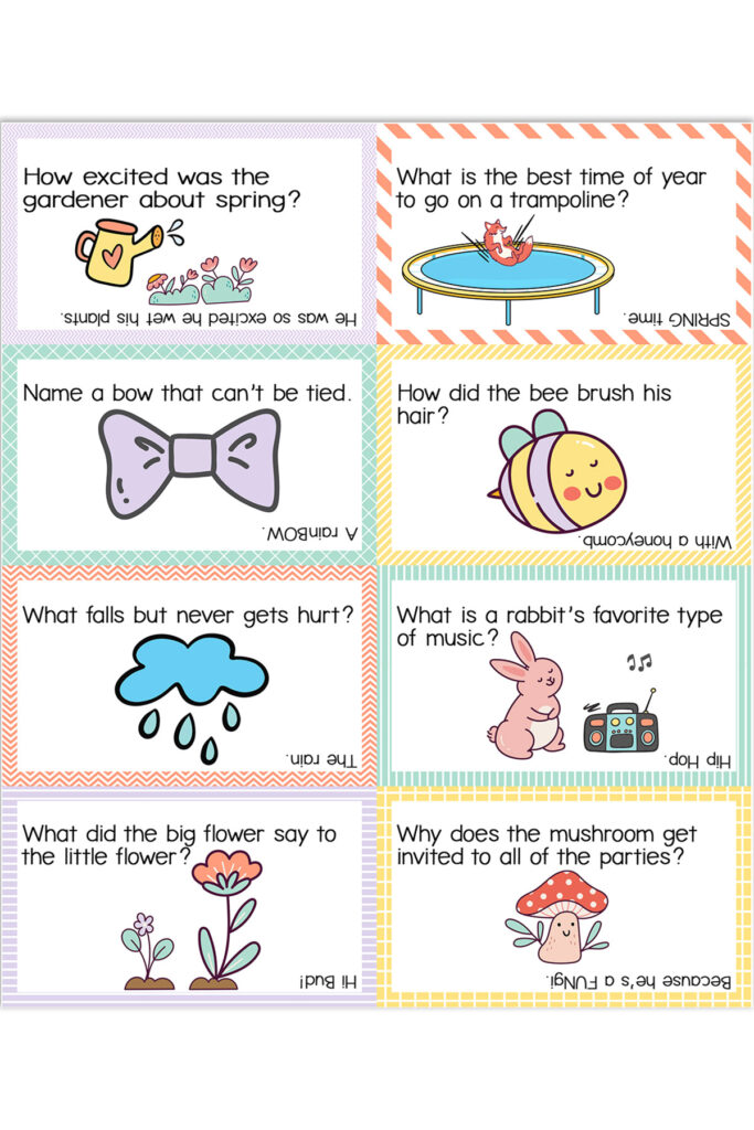 This image shows some of the lunch notes with spring jokes for kids available to download at the end of this post.